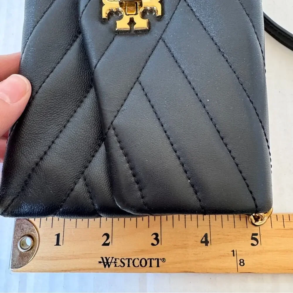 Tory Burch Black Leather Kira Quilted Crossbody Handbag Purse Gold Chain Strap